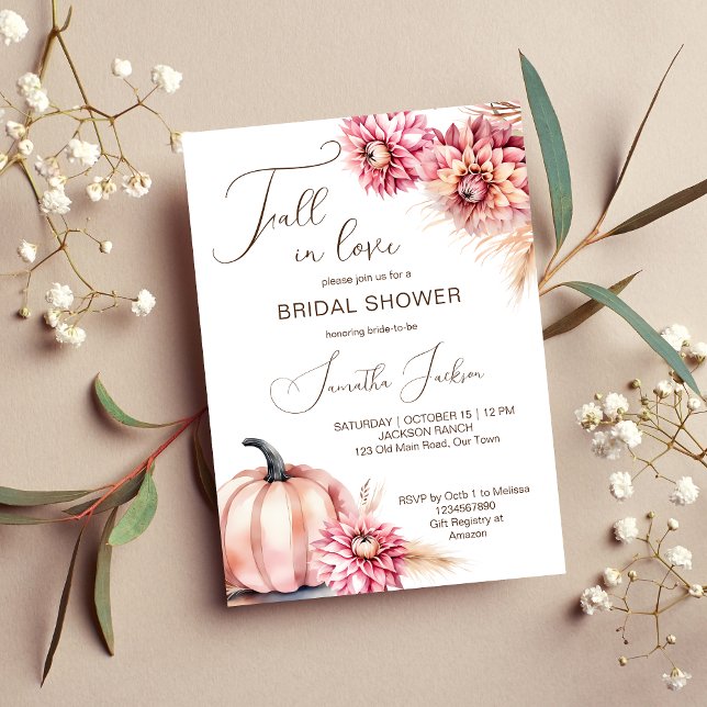 Fall in love boho pumpkin dahlias bridal shower invitation (Fall in love boho pumpkin dahlias pampas grass bridal shower template invitation digital download)