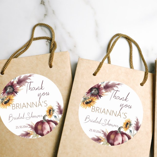 Fall in love boho pumpkin sunflower bridal shower classic round sticker (Fall in love boho bridal shower thank you favor stickers burgundy pumpkins sunflowers pampas grass)