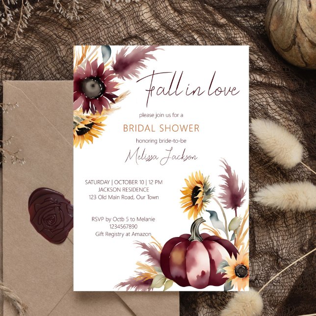 Fall in love boho pumpkin sunflower bridal shower invitation (Fall in love boho bridal shower template invitation digital download burgundy pumpkins sunflowers)