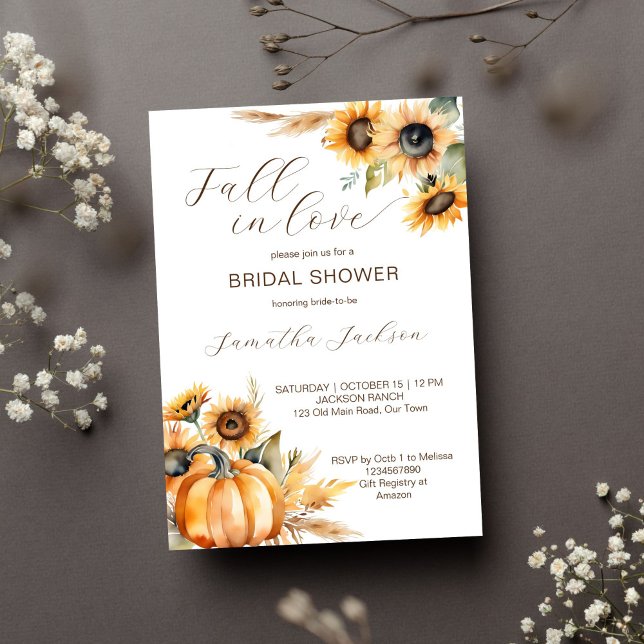 Fall in love boho pumpkin sunflowers bridal shower invitation (Fall in love boho pumpkin and sunflowers bridal shower template invitation digital download autumn)