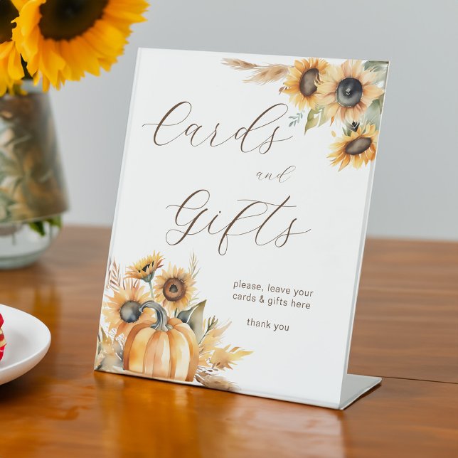 Fall in love boho pumpkin sunflowers gifts table pedestal sign (Fall in love boho pumpkin sunflowers bridal shower gifts table pedestal sign personalized decor)