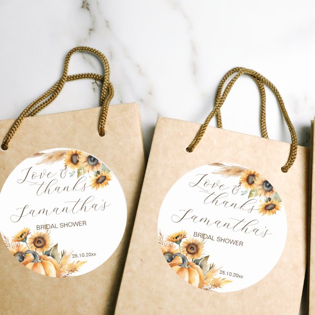 Fall in love boho pumpkin sunflowers thank you classic round sticker (Fall in love boho pumpkin sunflowers bridal shower thank you favor stickers fall themed earthy desrt)