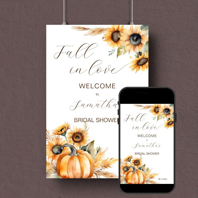 Fall in love boho pumpkin sunflowers welcome sign (Fall in love boho sunflowers pumpkin bridal shower welcome sign)