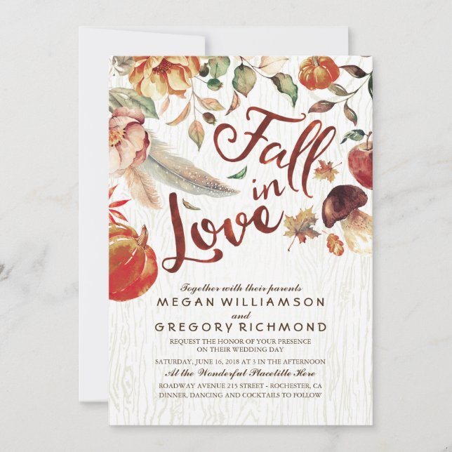 Fall in Love Boho Rustic Floral Pumpink Wedding Invitation (Front)