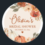 Fall in Love Boho Terracotta Pumpkin Bridal Shower Classic Round Sticker<br><div class="desc">Fall in Love Boho Terracotta Pumpkin Bridal Shower Classic Round Sticker</div>