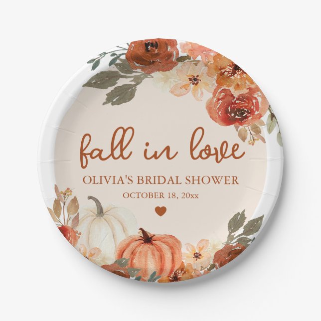 Fall in Love Boho Terracotta Pumpkin Bridal Shower Paper Plate (Front)