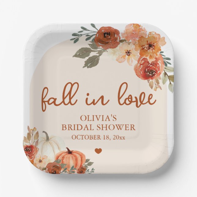 Fall in Love Boho Terracotta Pumpkin Bridal Shower Paper Plate (Front)