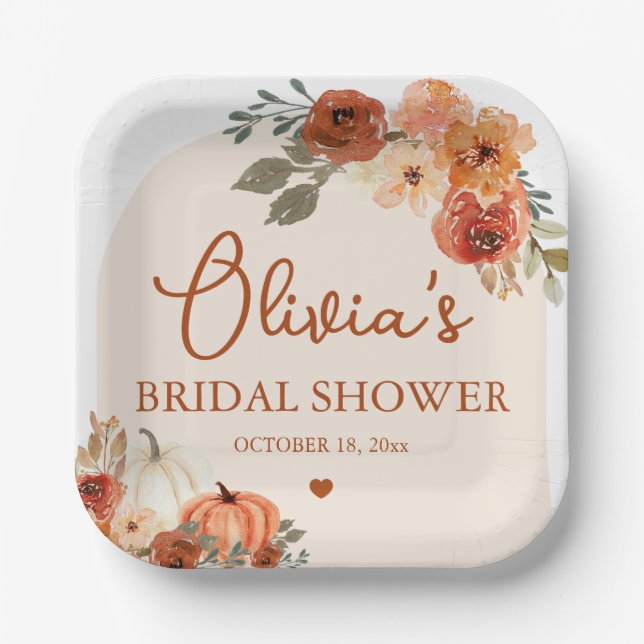 Fall in Love Boho Terracotta Pumpkin Bridal Shower Paper Plate (Front)