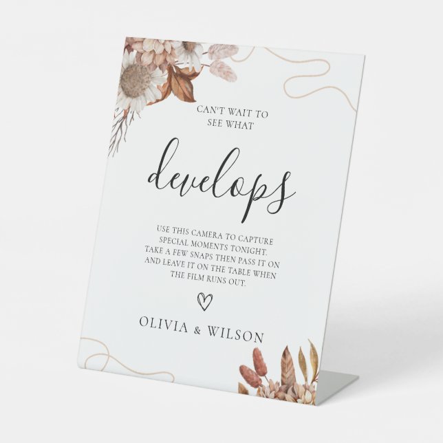 Fall in love | Boho Wedding Disposable Camera Pedestal Sign (Front)