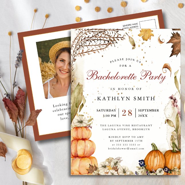 Fall In Love Botanical Pumpkin Bachelorette Party  Invitation Postcard (Creator Uploaded)