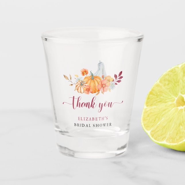 Fall in Love Bridal Shower Autumn Elegant Pumpkin Shot Glass (Front)