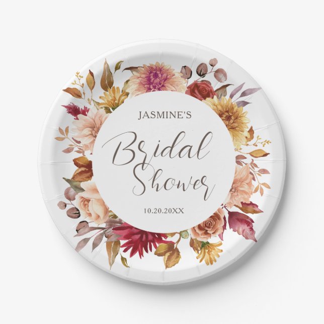 Fall in Love Bridal Shower | Autumn Floral  Paper Plate (Front)