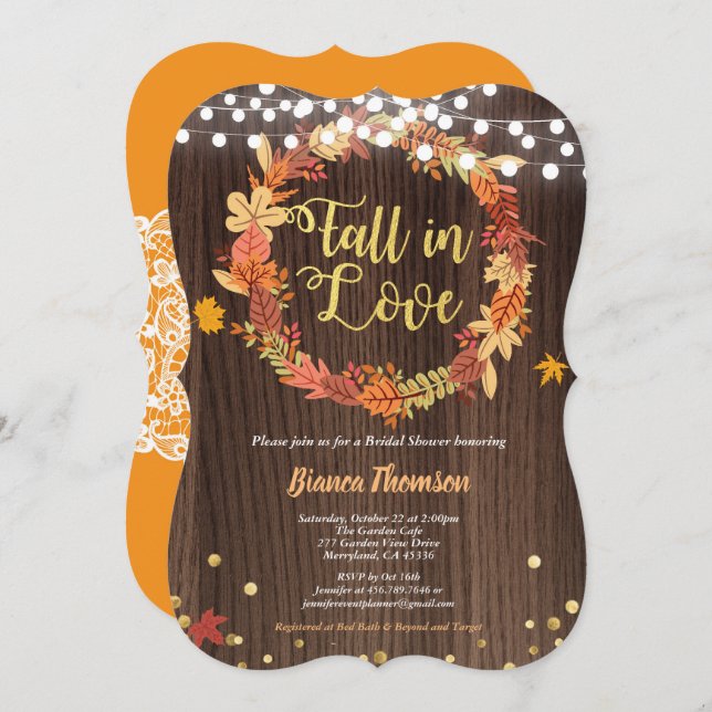 Fall in love bridal shower Autumn wreath rustic Invitation (Front/Back)
