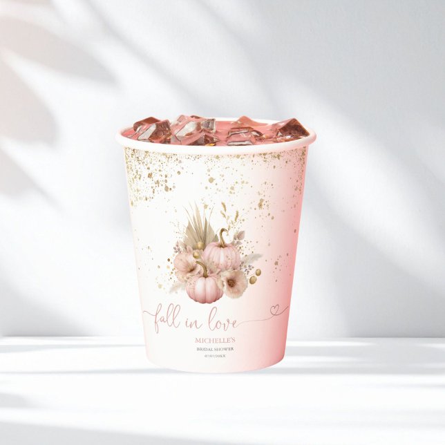 Fall in Love Bridal Shower Boho Flowers Pumpkin Paper Cups (blush pink boho pumpkin with gold glitter)