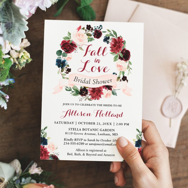 Fall in Love Bridal Shower Burgundy Floral Wreath Invitation (Creator Uploaded)