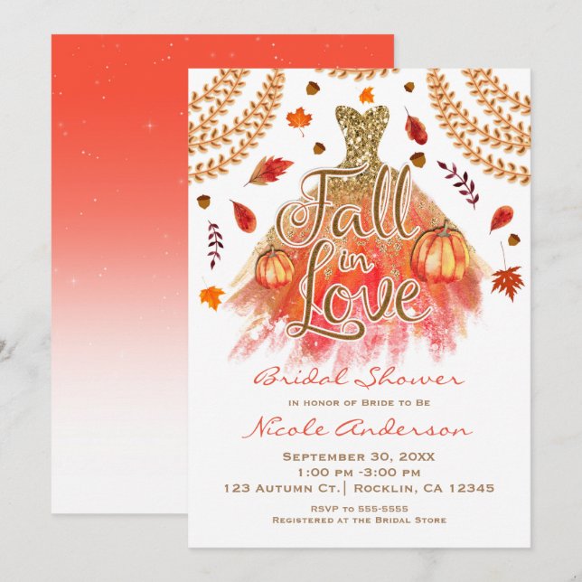 Fall in Love Bridal Shower Dress & Autumn Leaves Invitation (Front/Back)