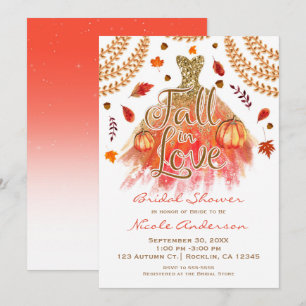 Fall in Love Bridal Shower Dress & Autumn Leaves Invitation