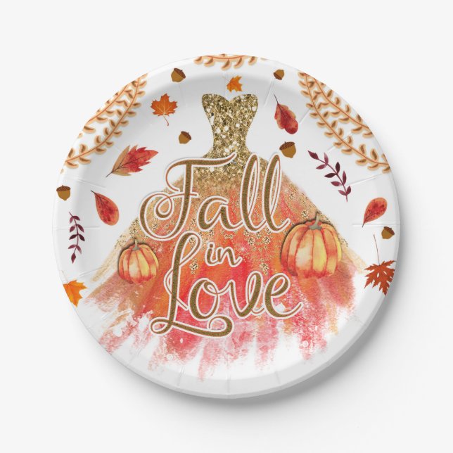 Fall in Love Bridal Shower Dress & Autumn Leaves Paper Plate (Front)