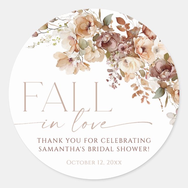 Fall in Love bridal shower floral brown neutral Classic Round Sticker (Front)