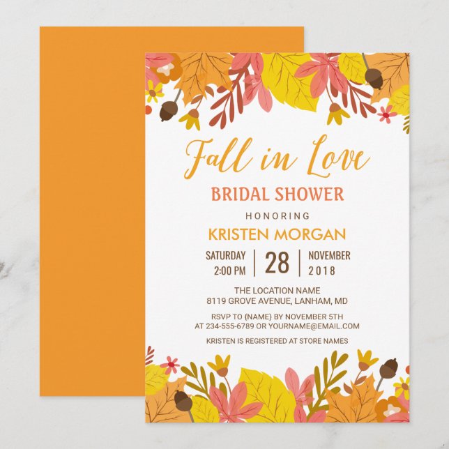 Fall in Love Bridal Shower Graceful Autumn Leaves Invitation (Front/Back)