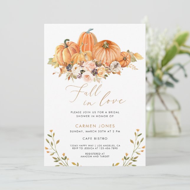 Fall in love Bridal Shower Invitation, Pumpkin Invitation (Standing Front)