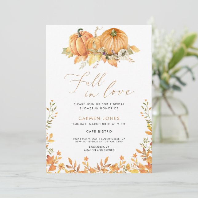 Fall in love Bridal Shower Invitation, Pumpkin Invitation (Standing Front)