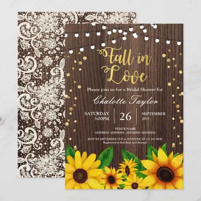 Fall in Love bridal shower invitation sunflower (Front/Back)