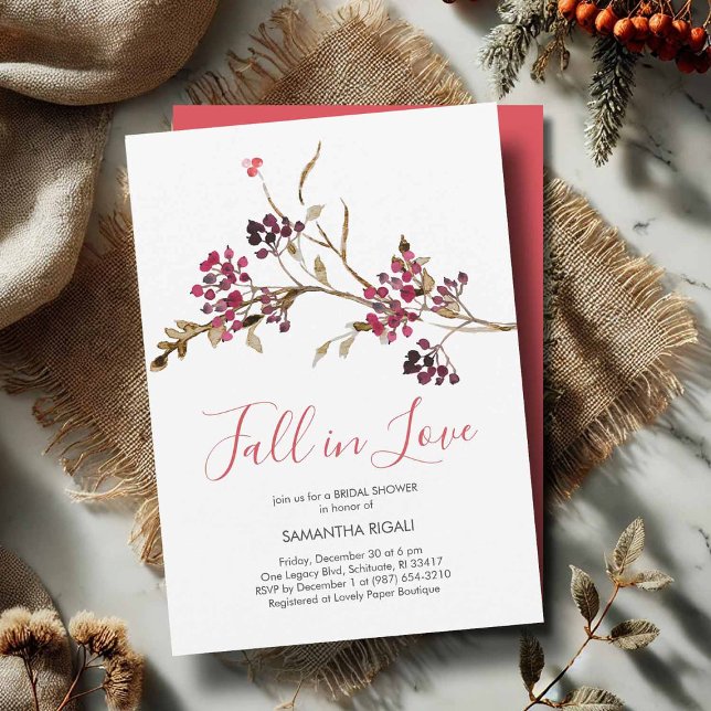 Fall In Love Bridal Shower Invitations (Fall in Love bridal shower invitation featuring rustic watercolor red and burgundy botanicals)