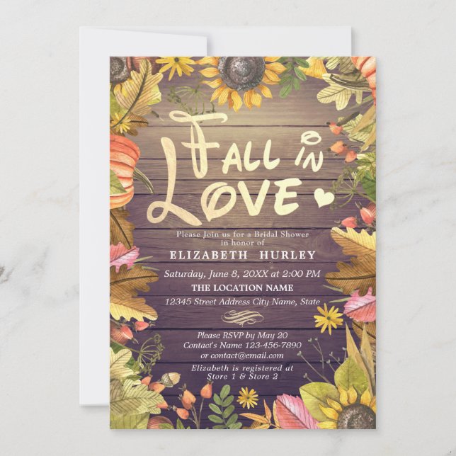 Fall in love Bridal Shower Maple Sunflower Wood Invitation (Front)