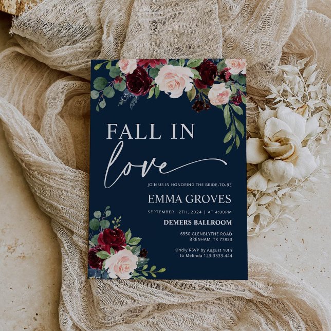 Fall in Love Bridal Shower Navy Burgundy Floral  Invitation (Creator Uploaded)