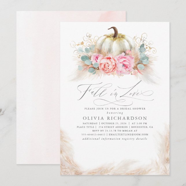Fall in Love Bridal Shower  Pink Flowers Pumpkin Invitation (Front/Back)