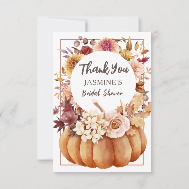 Fall in Love Bridal Shower Pumpkin Thank You Card (Front)