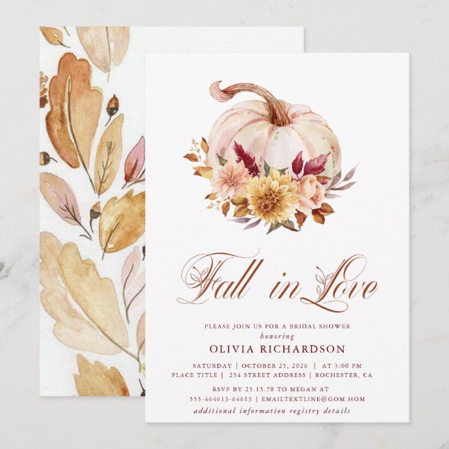Fall in Love Bridal Shower Rust Flowers Pumpkin Invitation (Front/Back)
