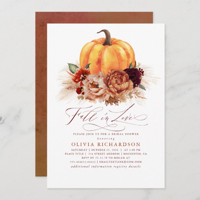 Fall in Love Bridal Shower Rust Flowers Pumpkin Invitation (Front/Back)