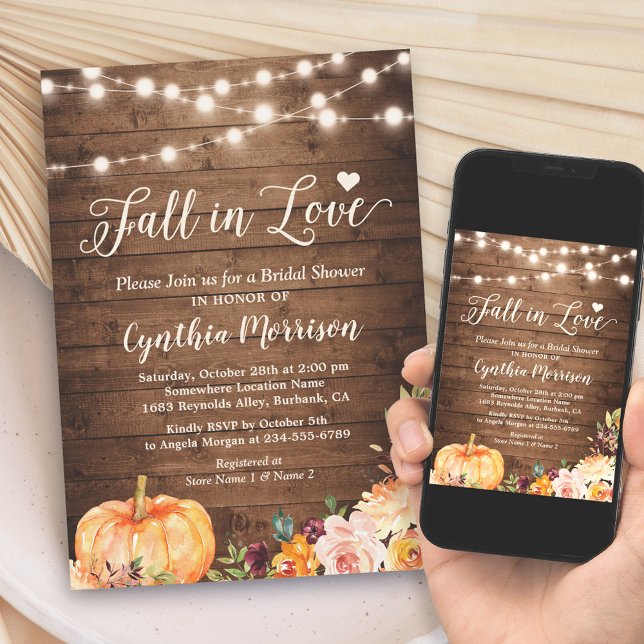Fall in Love Bridal Shower Rustic Pumpkin Floral Invitation (Creator Uploaded)