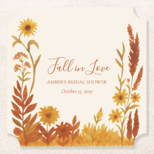 "Fall in Love" Bridal Shower Watercolor Floral Paper Coaster