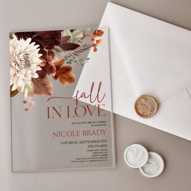 Fall In Love Brown Burgundy Floral Bridal Shower Acrylic Invitations (Creator Uploaded)