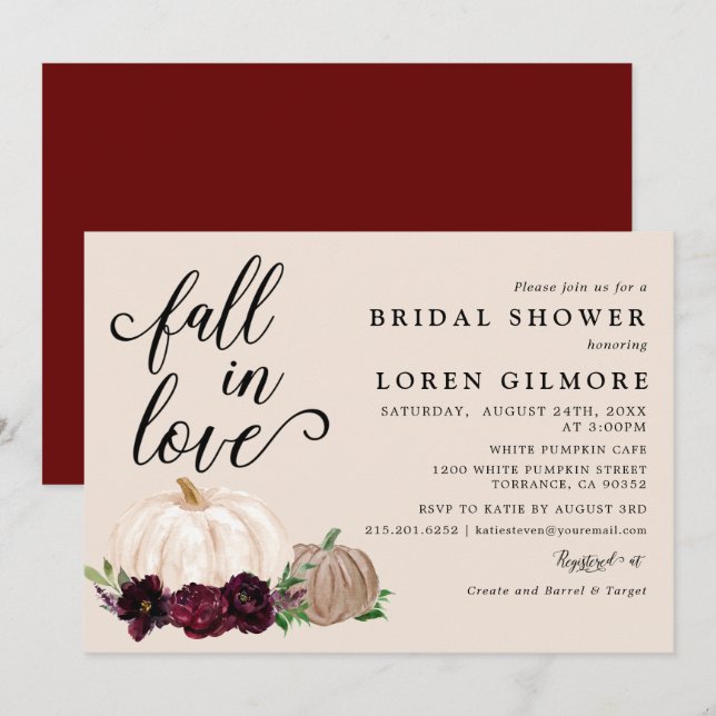 Fall In Love Burgundy Boho Pumpkin Bridal Shower Invitation (Front/Back)