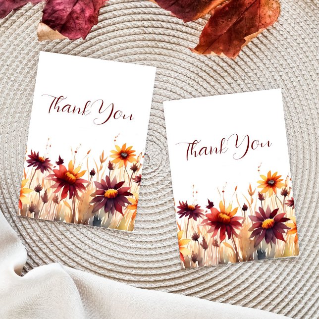 Fall in love burgundy bridal shower thank you (Fall in love bridal shower wedding thank you card template burgundy orange yellow dahlias thank you)