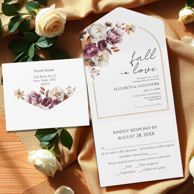 fall in love | Burgundy Floral Arch Fall Wedding All In One Invitation (Creator Uploaded)