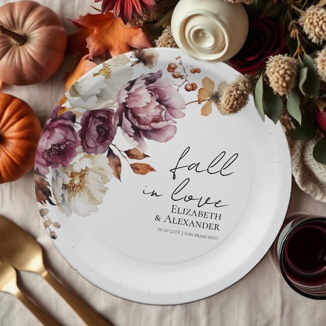 fall in love  |  Burgundy Floral Autumn Wedding Paper Plate (Creator Uploaded)