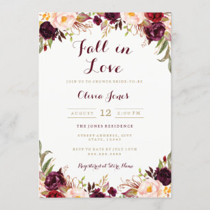 Fall in Love Burgundy Floral Bridal Shower Card