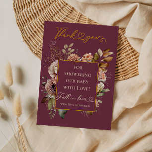 Fall In Love Burgundy Floral Elegant Baby Shower Thank You Card