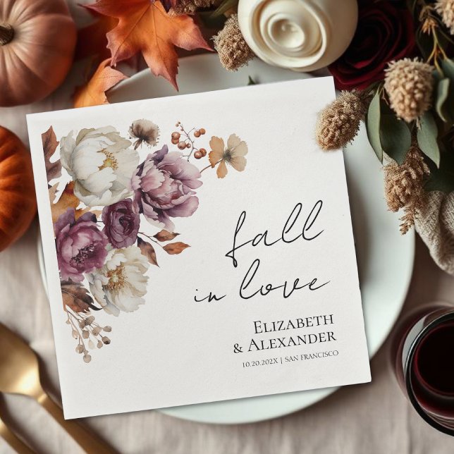 fall in love  |  Burgundy Floral Photo Wedding Napkin (Creator Uploaded)