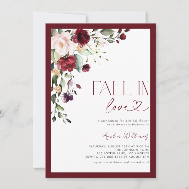 Fall in Love Burgundy Floral Watercolor Invitation (Front)