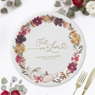 Fall In Love Burgundy Floral White Pumpkin Wedding Paper Plate