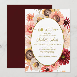 Fall In Love Burgundy Gold Cream Bridal Shower Invitation