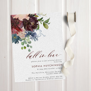 Fall in Love Burgundy & Navy Floral Bridal Shower Invitation