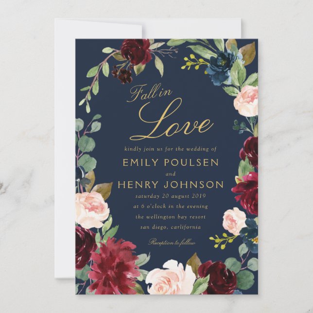 fall in love burgundy navy floral wedding invitation (Front)