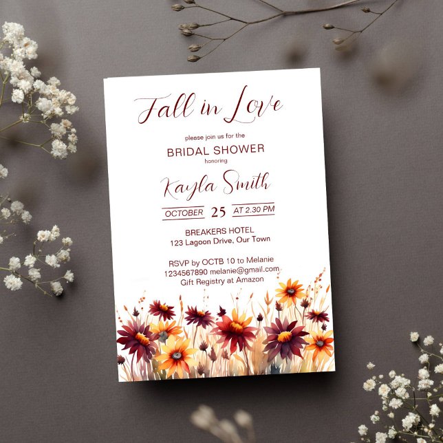 Fall in love burgundy orange dahlias bridal shower invitation (Fall in love burgundy yellow dahlias bridal shower template invitation instant download fall themed)